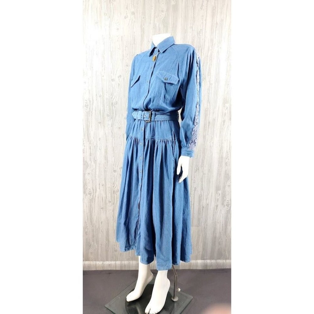 90s Denim Dress Blue Maxi Jean Shirtdress Crochet Coastal Cowgirl Prairie vtg